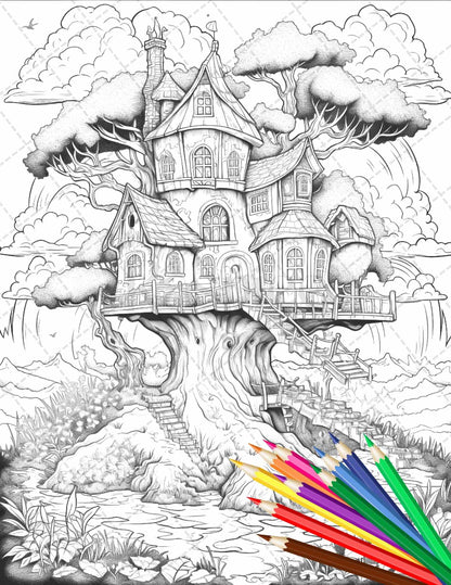 110 Enchanted Treehouse Coloring Book Printable for Adults, Grayscale Coloring Page, PDF File Instant Download