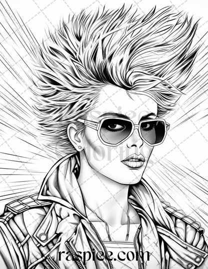 1980s New Wave Pop Star Grayscale Coloring Pages Printable for Adults, PDF File Instant Download