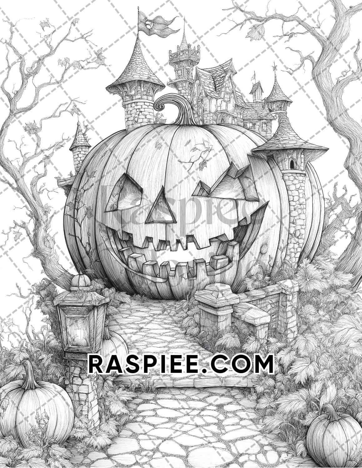 Fantasy Giant Pumpkin Castles Adult Coloring Pages Printable PDF Instant Download - RASPIEE