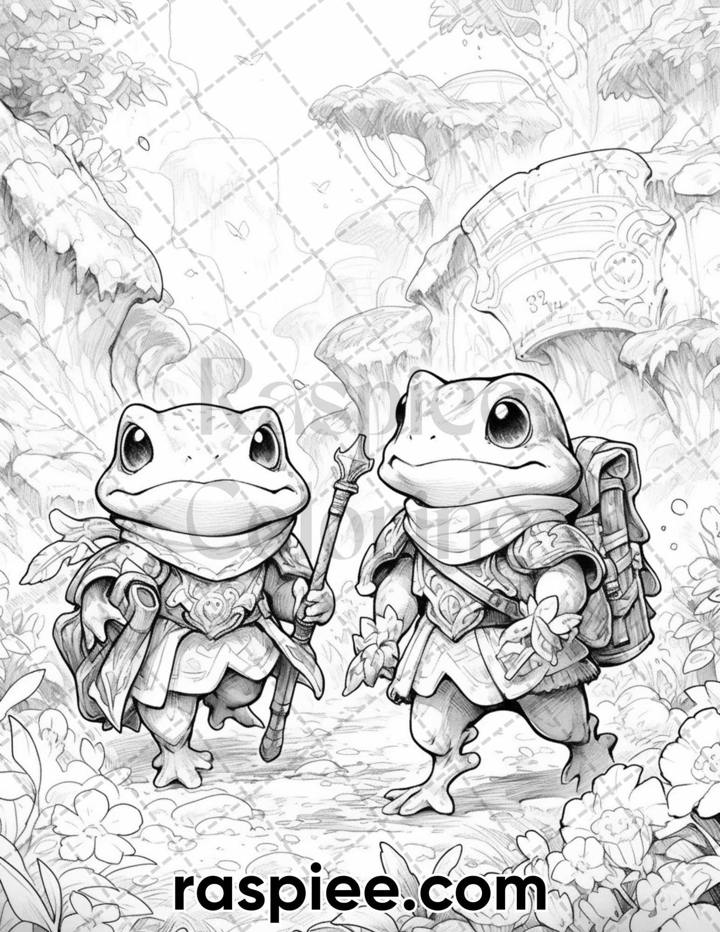 50 The Frog Kingdom Grayscale Coloring Pages for Adults, Printable PDF Instant Download