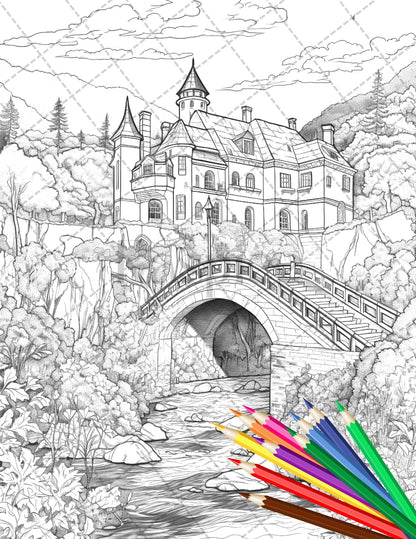 122 Castillos de fantasía Libro para colorear para adultos, Página para colorear en escala de grises, PDF imprimible Descarga instantánea