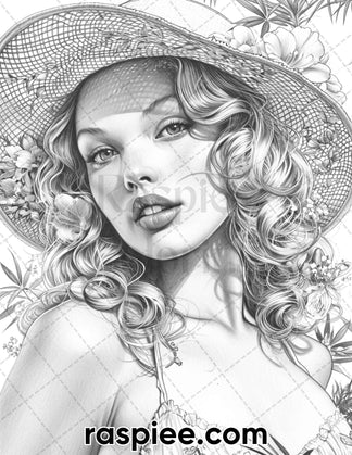 50 Vintage Spring Pin Up Girls Grayscale Adult Coloring Pages, Printab ...