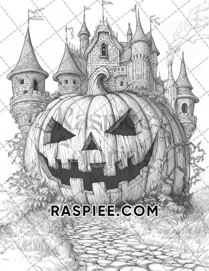 Fantasy Giant Pumpkin Castles Adult Coloring Pages Printable PDF Instant Download - RASPIEE