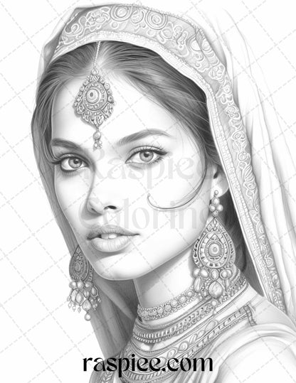 50 Beautiful Indian Women Grayscale Coloring Pages for Adults, Printable PDF File Instant Download
