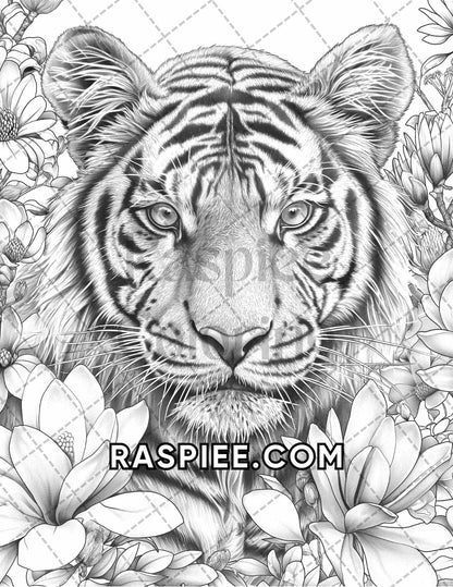 75 Animals in Flowers Grayscale Adult Coloring Pages Printable PDF Instant Download - RASPIEE