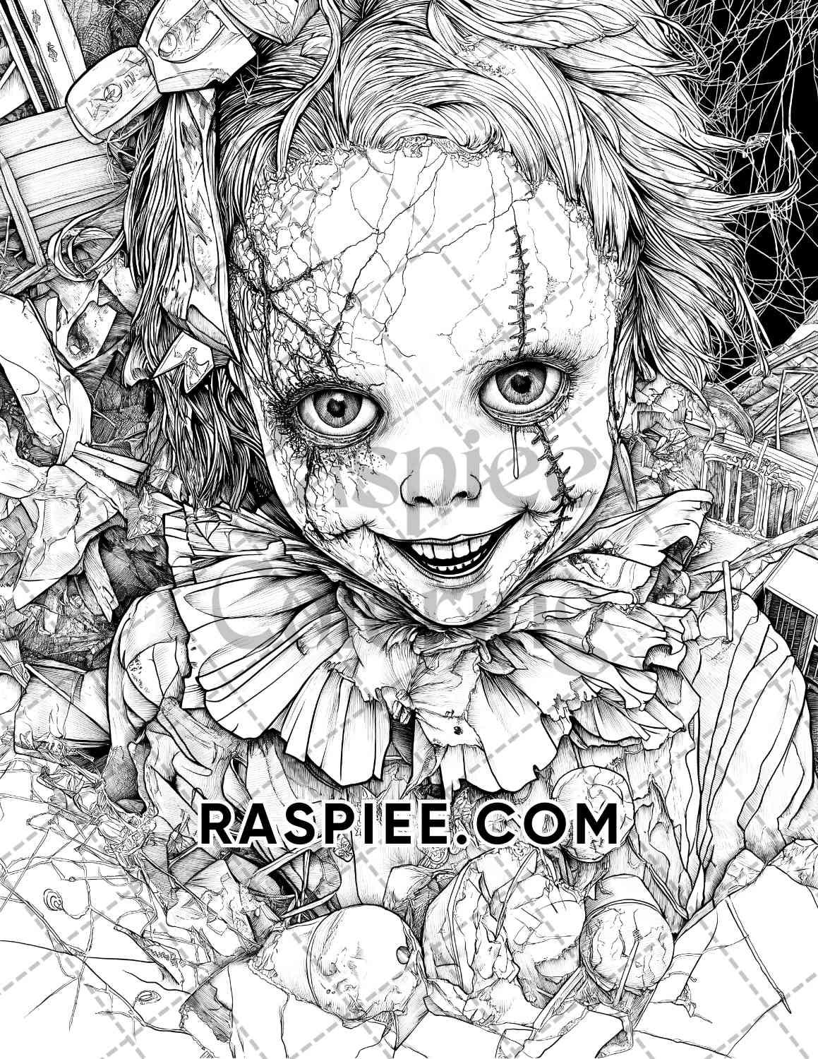 Haunted Dolls Halloween Horror Adult Coloring Pages Printable PDF Instant Download - RASPIEE