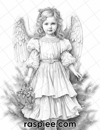 55 Christmas Angel Grayscale Coloring Pages for Adults, Printable PDF Instant Download