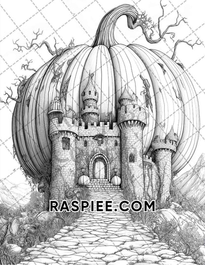 Fantasy Giant Pumpkin Castles Adult Coloring Pages Printable PDF Instant Download - RASPIEE