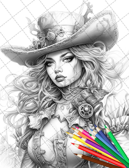 48 Beautiful Pirate Princess Coloring Book Printable for Adults, Grayscale Coloring Page, PDF File Instant Download - raspiee