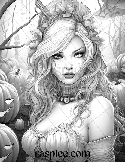 55 Halloween Girls Grayscale Coloring Pages Printable for Adults, PDF File Instant Download