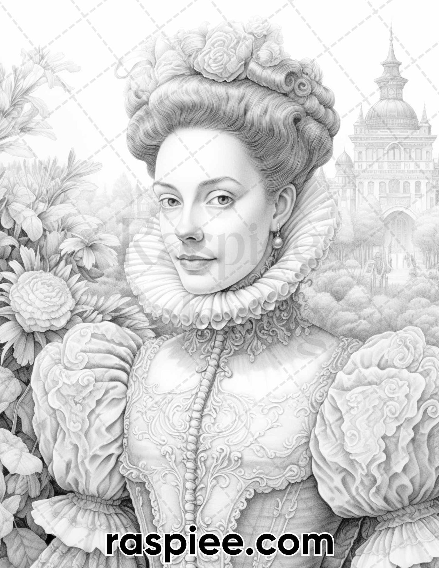 adult coloring pages, adult coloring sheets, adult coloring book pdf, adult coloring book printable, grayscale coloring pages, grayscale coloring books, portrait coloring pages for adults, portrait coloring book pdf, vintage coloring pages, Elizabethan Women Portraits Coloring Pages