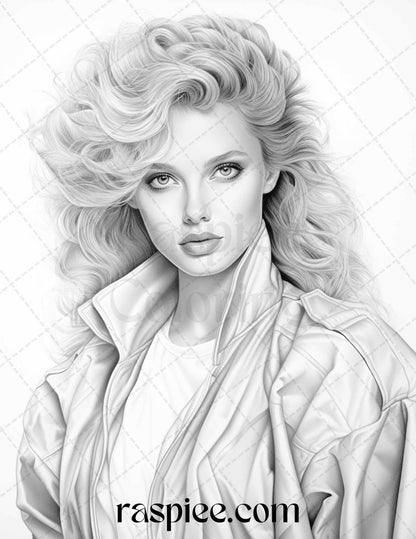1980s Retro Beautiful Women Grayscale Coloring Pages for Adults, PDF File Instant Download - Raspiee Coloring