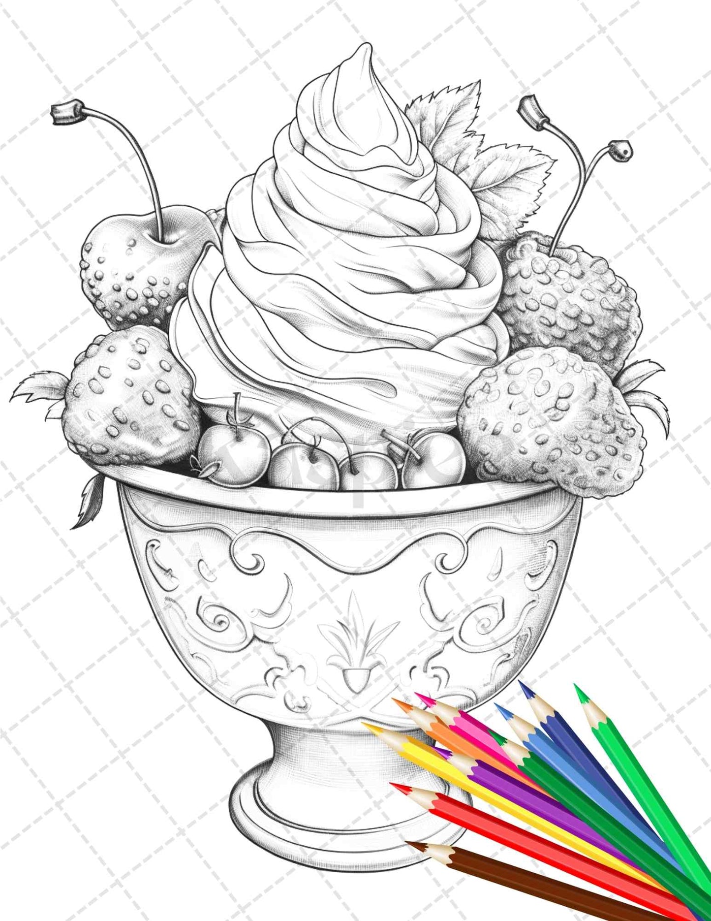 52 Printable Ice Cream Desserts Coloring Pages for Adults and Kids, Grayscale Coloring Page, PDF File Instant Download - raspiee