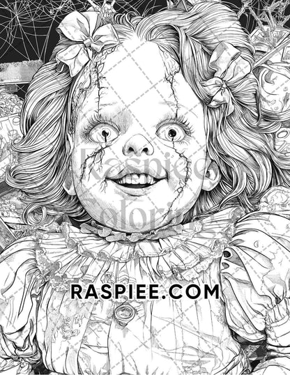 Haunted Dolls Halloween Horror Adult Coloring Pages Printable PDF Instant Download - RASPIEE