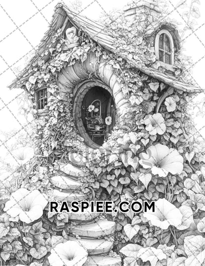 Fantasy Flower Houses Adult Coloring Pages Printable PDF Instant Download