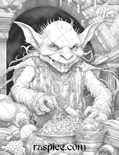 Fantasy Goblins Grayscale Coloring Pages Printable for Adults, PDF File Instant Download - raspiee