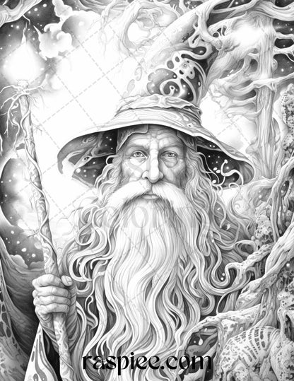 50 Magical Wizard Grayscale Coloring Pages for Adults, Printable PDF File Instant Download
