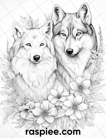 50 Winter Wolf Grayscale Coloring Pages for Adults, Printable PDF Instant Download