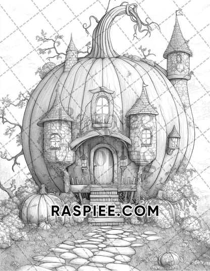 Fantasy Giant Pumpkin Castles Adult Coloring Pages Printable PDF Instant Download - RASPIEE