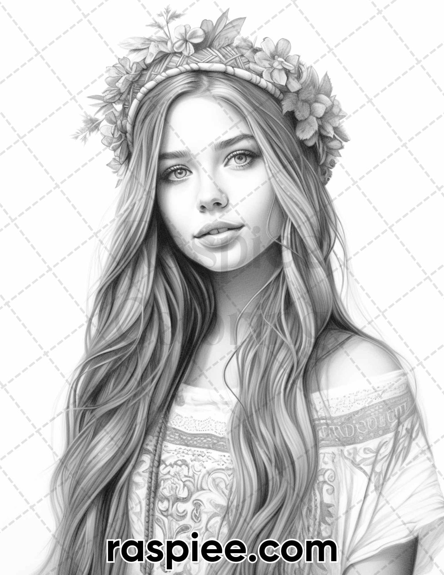 60 Bohemian Beauties Grayscale Coloring Pages for Adults, Printable PDF Instant Download