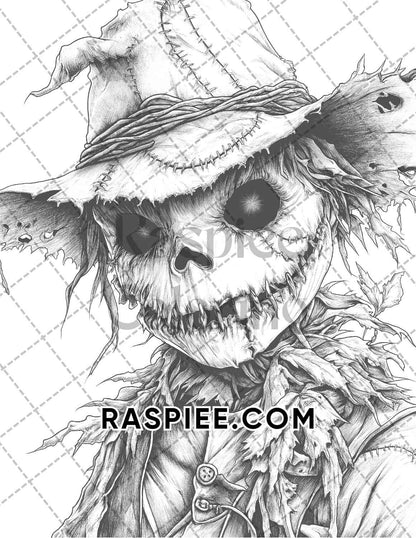 Horror Scarecrow Halloween Adult Coloring Pages Printable PDF Instant Download