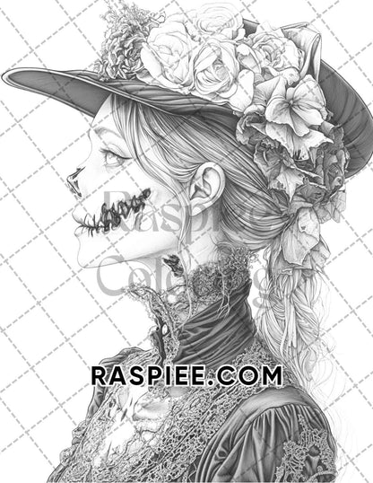 Victorian Zombies Halloween Adult Coloring Pages Printable PDF