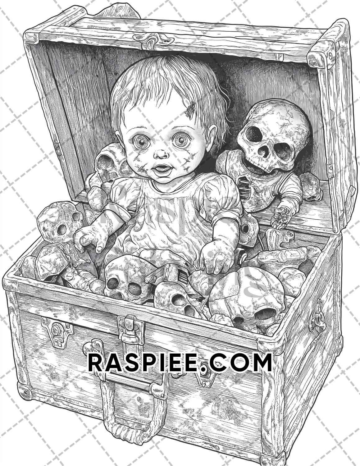 Haunted Dolls Halloween Horror Adult Coloring Pages Printable PDF Instant Download - RASPIEE