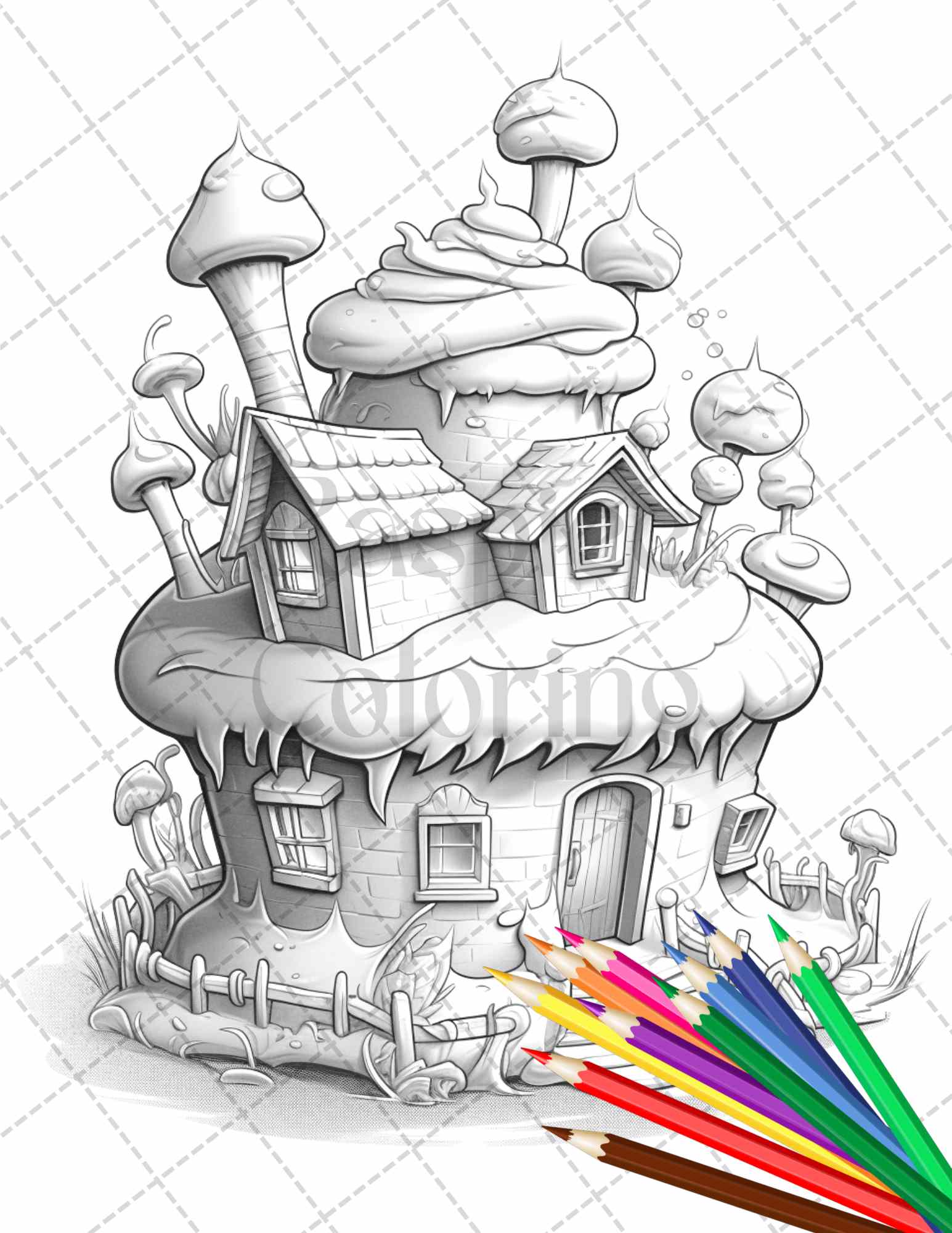 50 Adorable Cake Houses Grayscale Coloring Pages Printable for Adults and Kids, PDF File Instant Download - raspiee