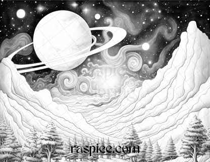 Celestial landscapes grayscale coloring page, Adult coloring printable of astral scene, Night sky universe grayscale art, Moon and stars celestial coloring, Black and white grayscale coloring sheet