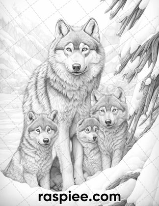 50 Winter Wolf Grayscale Coloring Pages for Adults, Printable PDF Inst ...