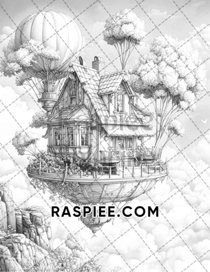 Fantasy Flower Houses Adult Coloring Pages Printable PDF Instant Download