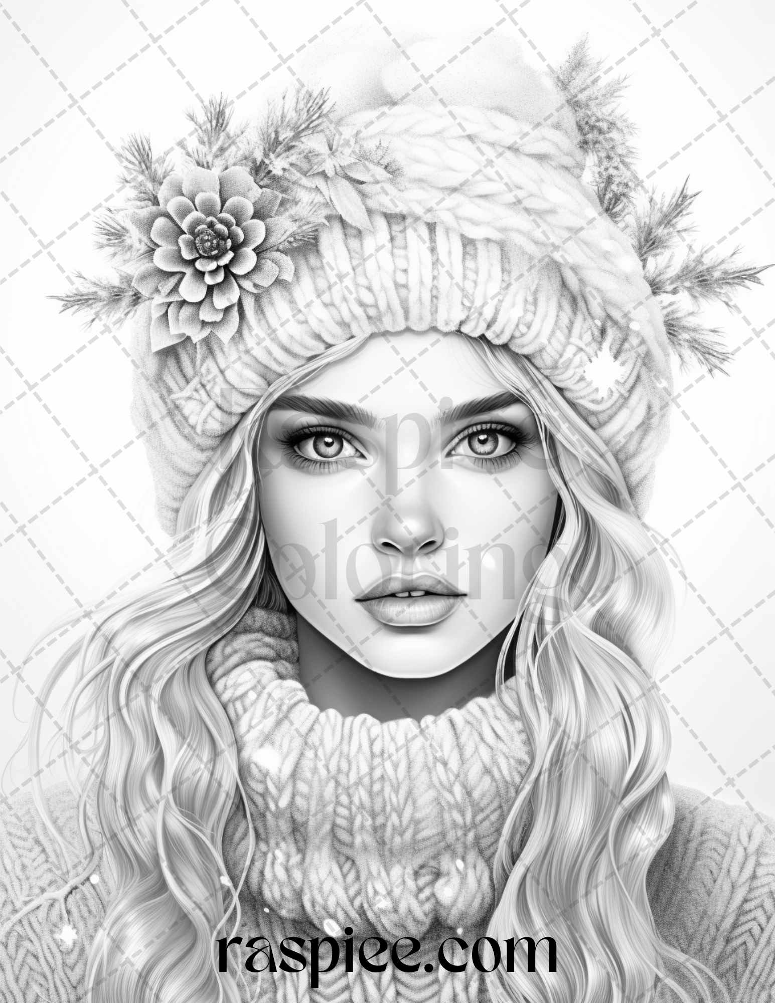 Winter girls grayscale coloring pages, printable adult coloring pages, winter-themed grayscale illustrations, beautiful winter girls artwork, christmas theme coloring, christmas coloring pages for adults