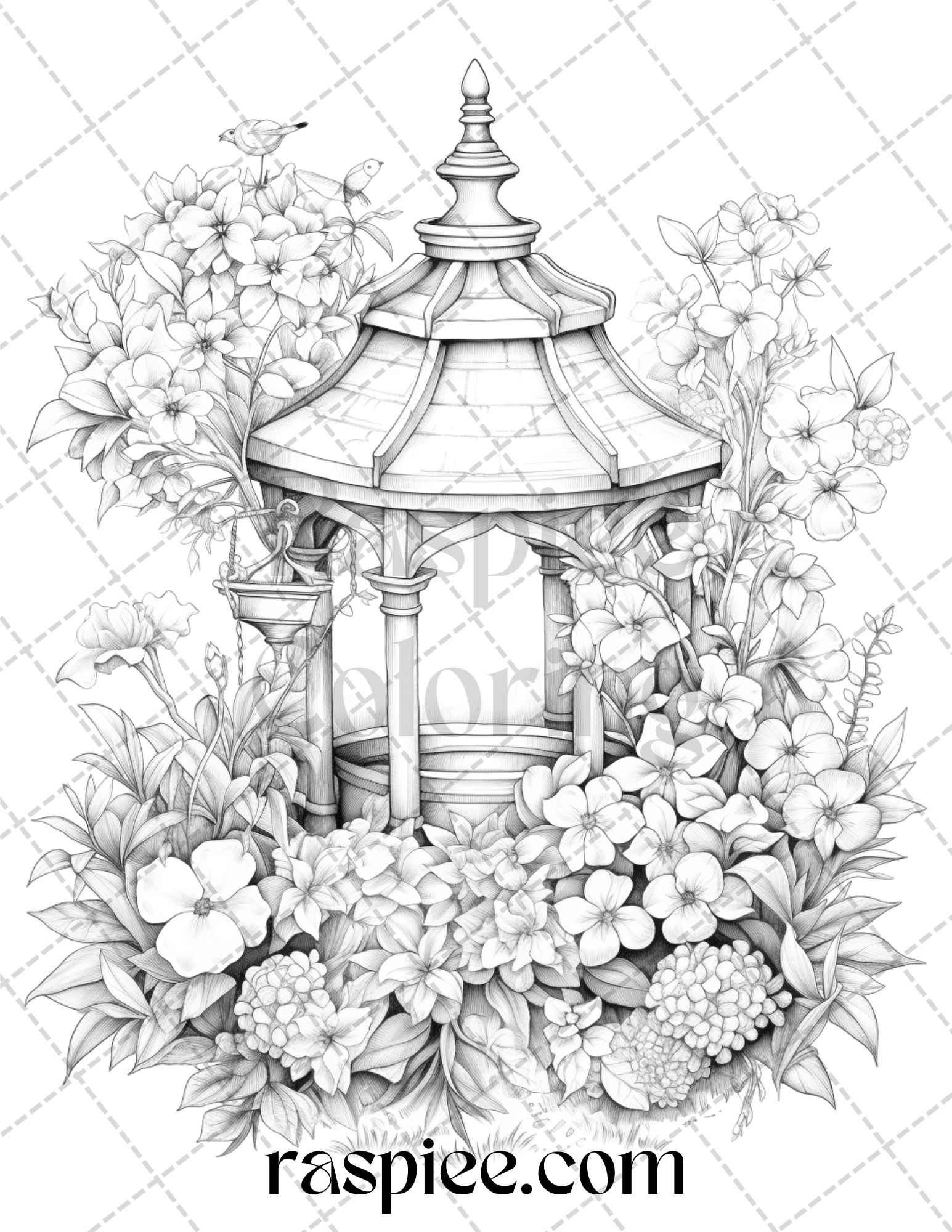 grayscale coloring pages, printable for adults, whimsical wishing wells, coloring book, stress relief, intricate designs