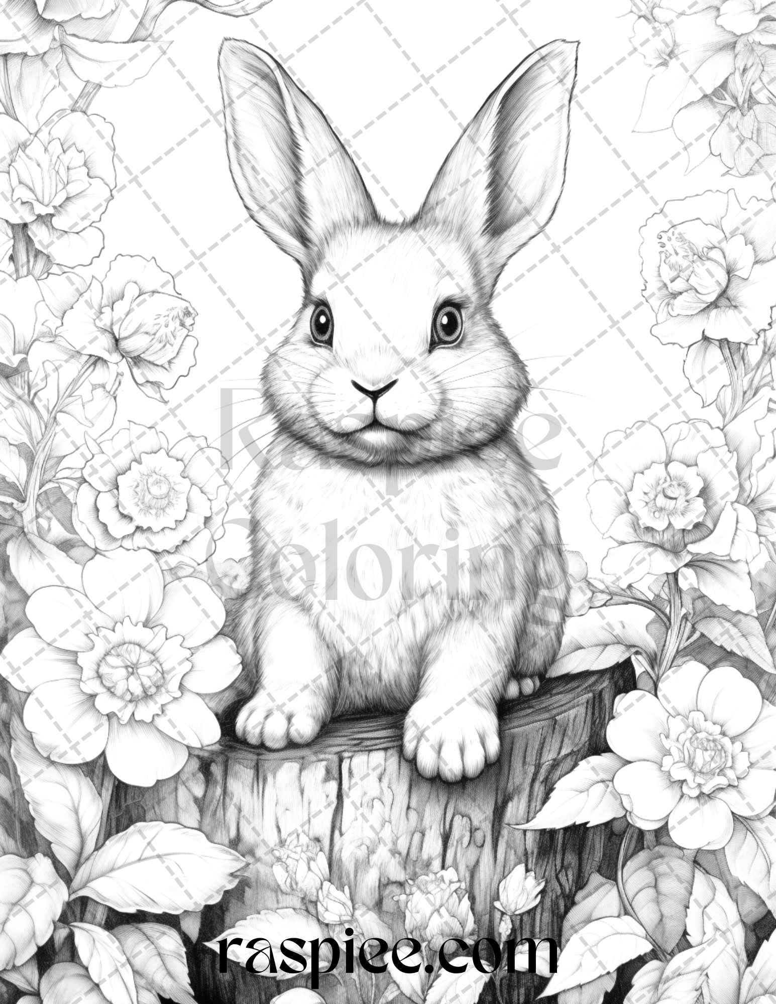 Rabbit Garden Grayscale Coloring Page, Adult Coloring Page Printable, Detailed Rabbit Art for Coloring, Animal Coloring Page for Adults