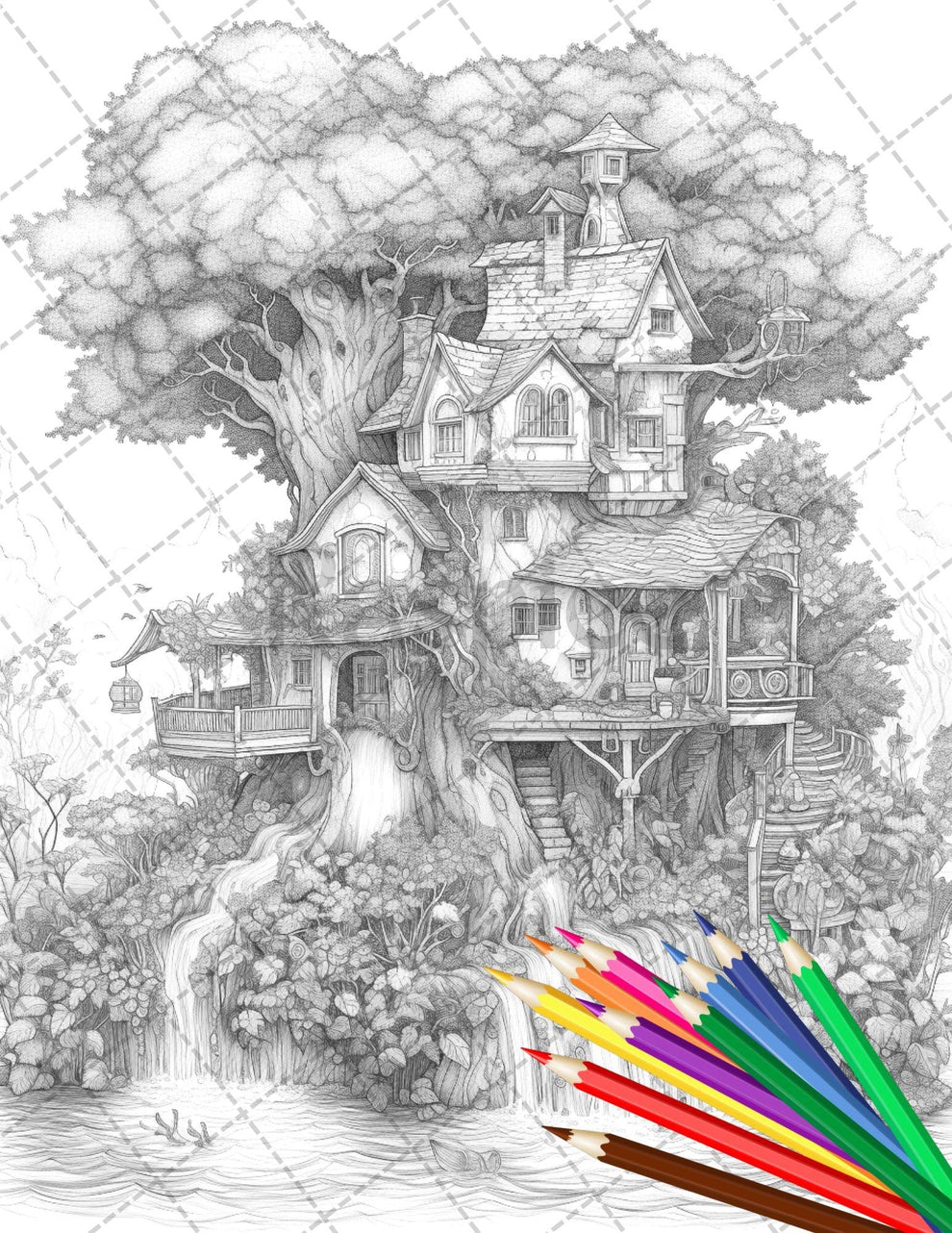 30 Fantasy Fairy Houses Coloring Page Book, Printable Adult Coloring P