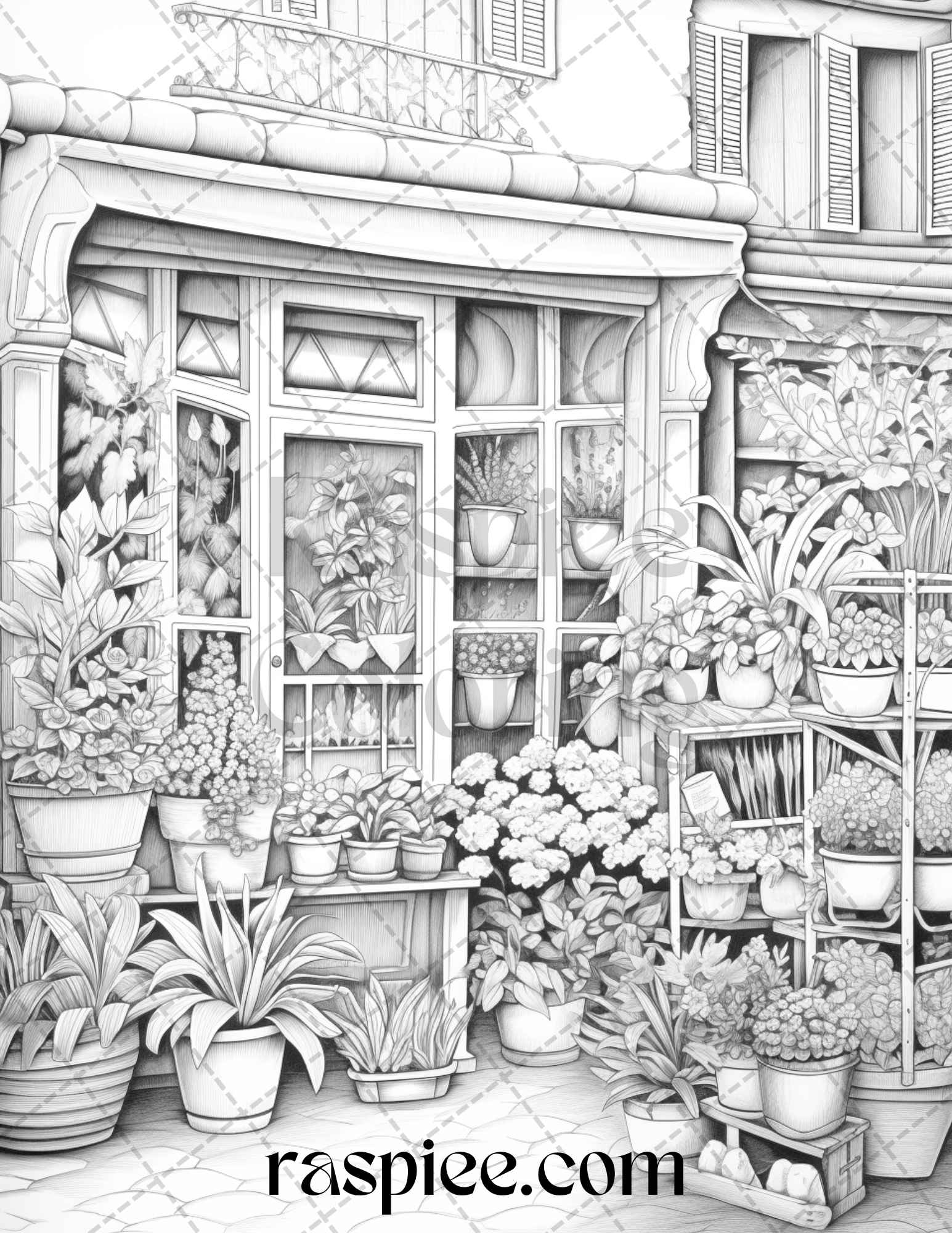 flower store front grayscale coloring pages, printable coloring pages for adults, grayscale art therapy, relaxing flower coloring pages