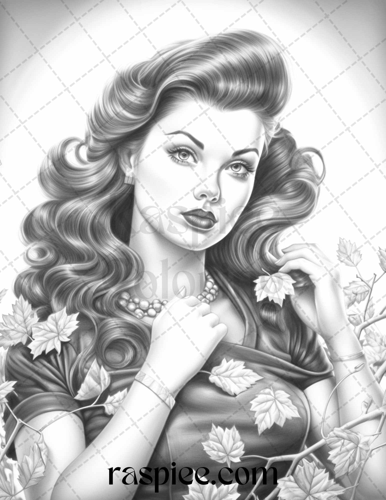 Autumn Pin Up Girls Coloring Pages, Grayscale Adult Coloring Sheets, Vintage Pinup Art for Printing, Coloring Book for Grownups, Digital Download Coloring, Autumn Coloring Therapy, High-Quality Coloring Images, Autumn Coloring Pages for Adults, Portrait Coloring Pages for Adults, Vintage Coloring Pages