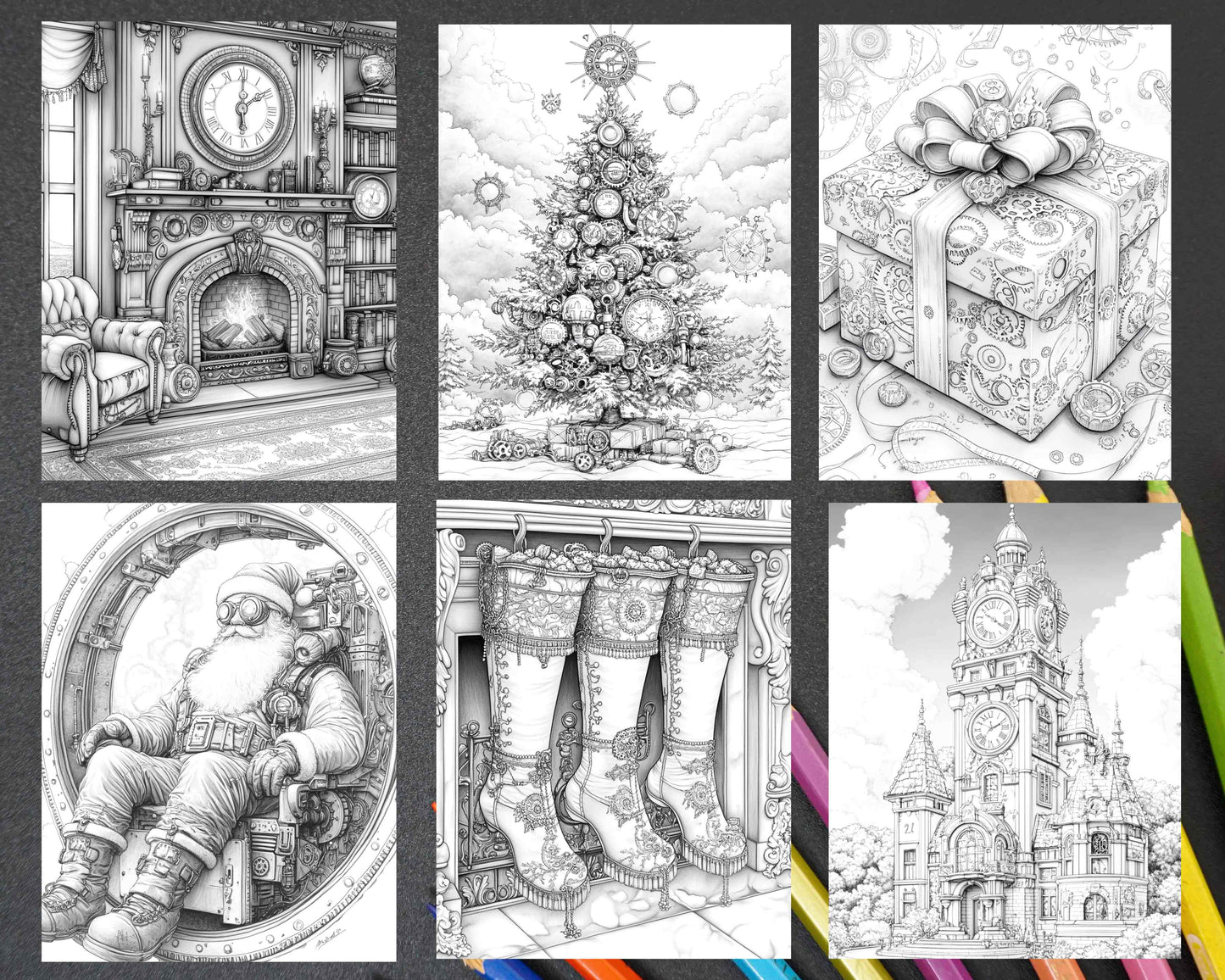 Steampunk Christmas Adult Coloring Pages Printable PDF Instant Download