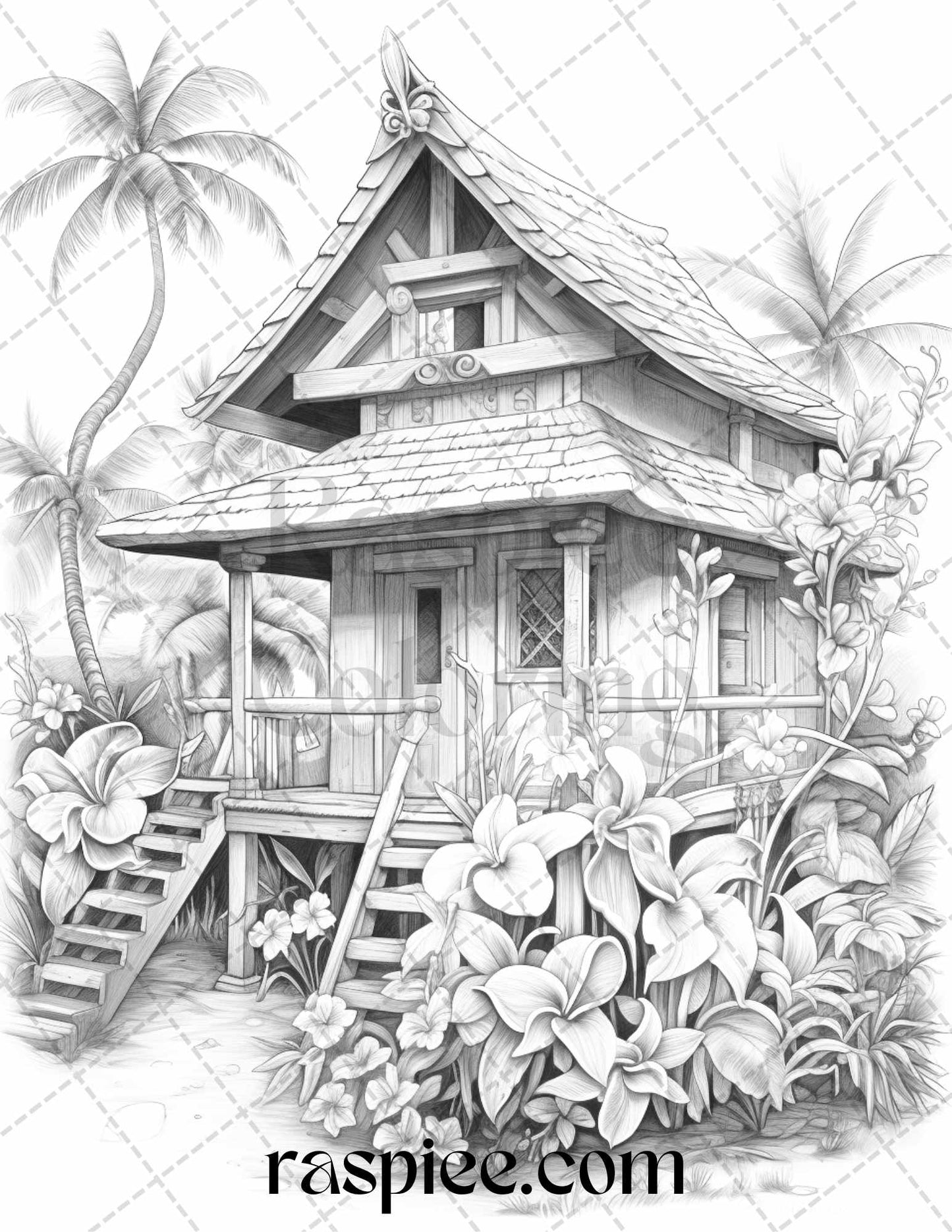 Hawaii Tiki Houses Coloring Pages, Grayscale Adult Coloring Sheets, Relaxation Coloring Pages, Stress Relief Coloring, Vacation Coloring Printables, Tropical Getaway Color Book, Summer Coloring Pages for Adults, Creative DIY Wall Art, Art Therapy Pages