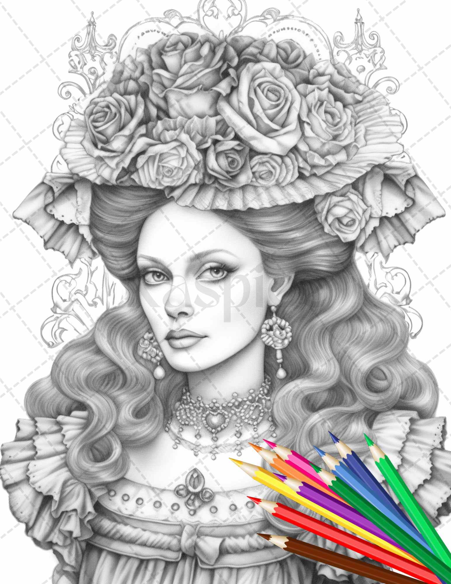 43 Beautiful Victorian Women Grayscale Coloring Pages Printable for Ad