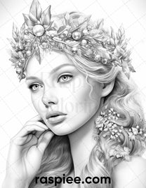 50 Winter Queens Portrait Grayscale Coloring Pages Printable for Adult ...
