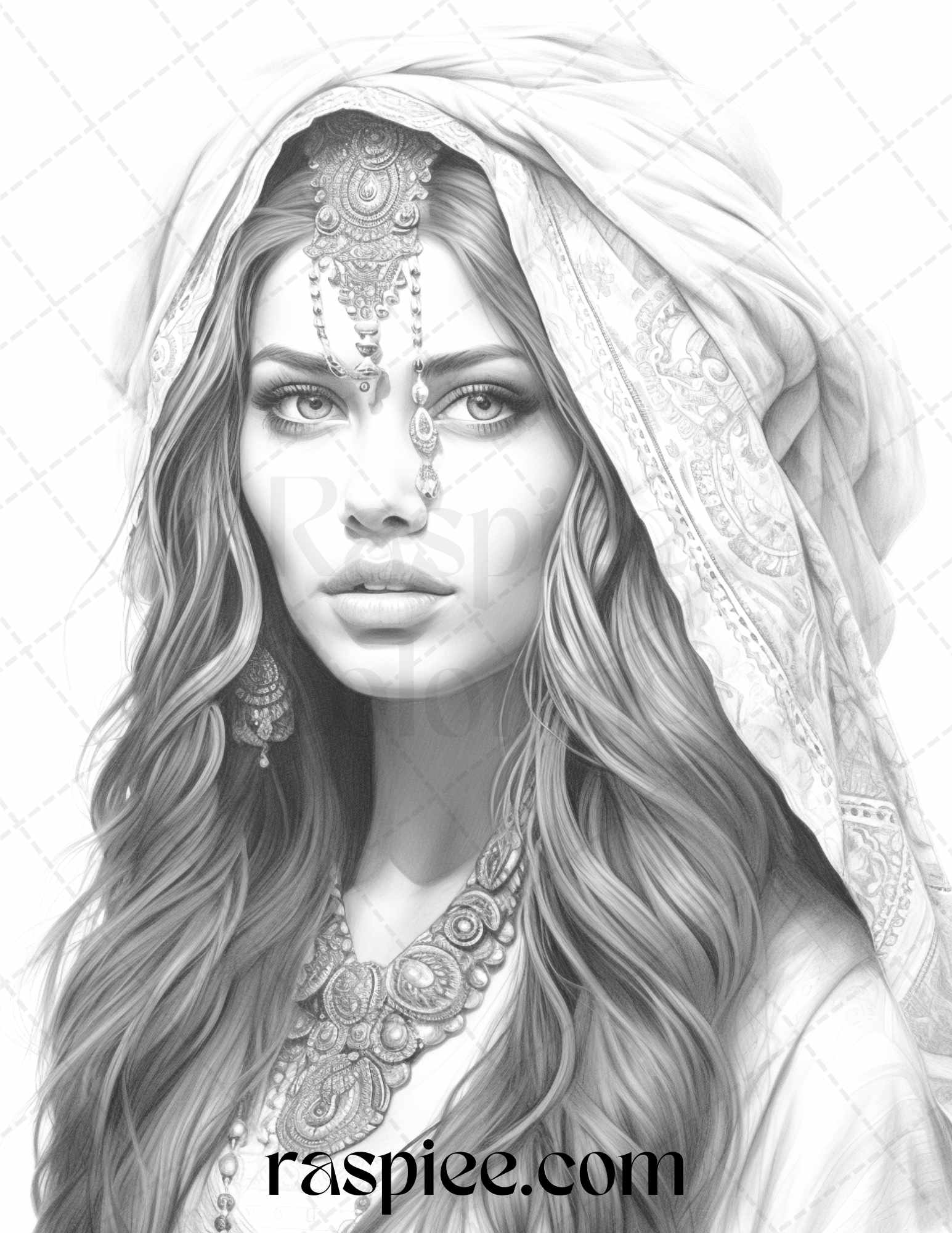Gypsy Girls Grayscale Coloring Pages, Printable Adult Coloring Sheets, Artistic Stress Relief Coloring, Intricate DIY Coloring Pages, Portrait Coloring Pages for Adults