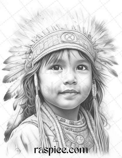 Native American Girls and Boys Coloring Pages, Grayscale Printable Coloring Sheets, Ethnic Tribal Kids Coloring Activities, Indigenous Children Coloring Illustrations, Cultural Native American Coloring Art, Family-Friendly Coloring Pages, Creative Craft Coloring for All Ages