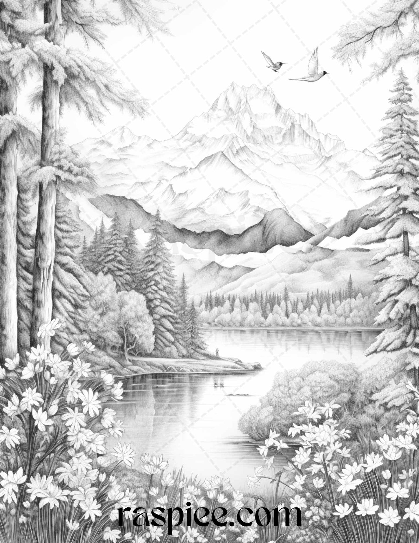 Serene Mountain Flower Landscape Coloring Page for Adults, Grayscale Mountain Flower Illustration for Stress Relief Coloring
