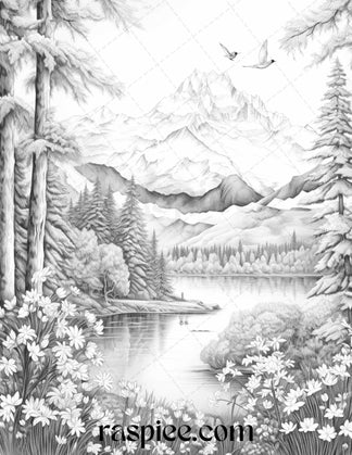 60 Mountain Flower Landscapes Grayscale Coloring Pages Printable for A ...