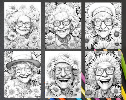 Portrait Coloring Pages for Adults, Portrait Coloring Book Printable, Women Portrait Coloring Pages, Grandma Coloring Pages, Funny Grandma Coloring Pages, Grayscale Coloring Pages for Adults