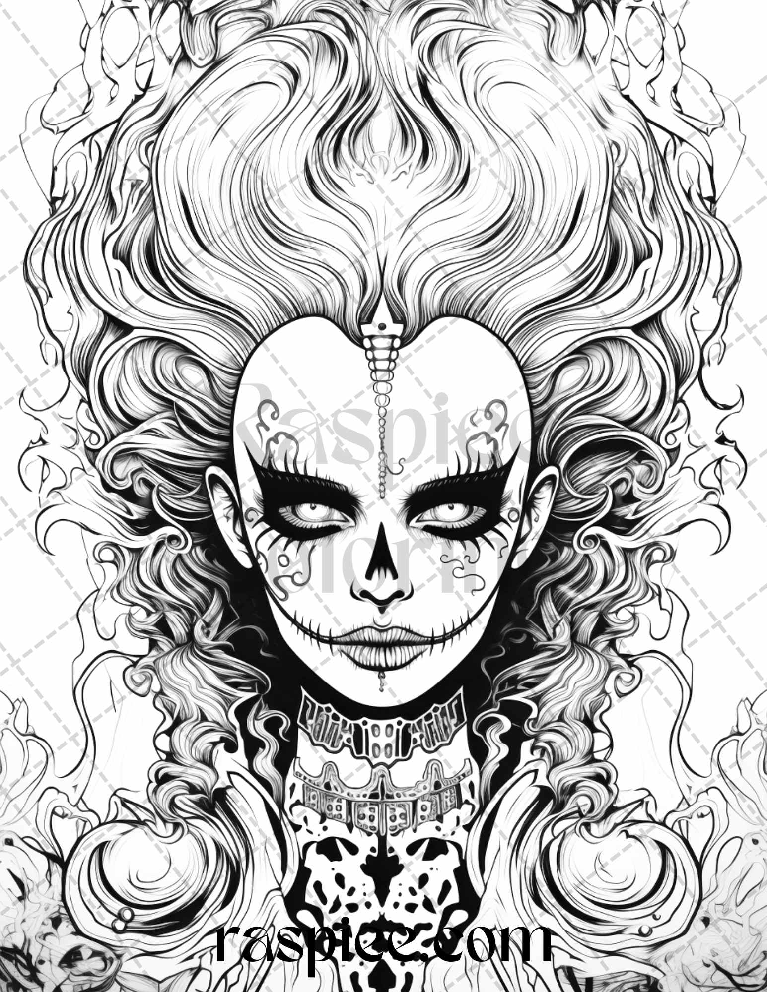 Spooky Miss Nightmare grayscale coloring page, Halloween adult coloring printable, Spooky grayscale art for adults, Halloween printable coloring book, Gothic witch coloring page, Haunted house grayscale illustration, Vampire art coloring page, Halloween pumpkin grayscale coloring, Creepy ghost illustration for adults, Macabre horror coloring page