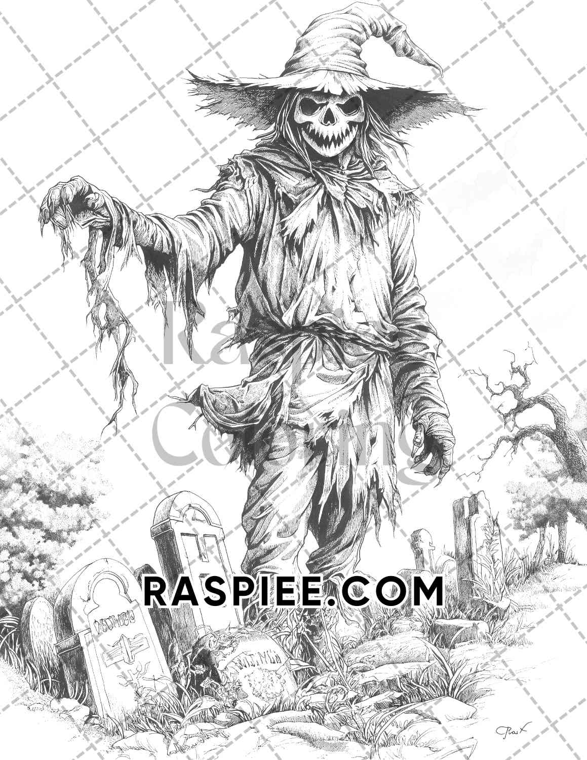 Horror Scarecrow Halloween Adult Coloring Pages Printable PDF Instant Download