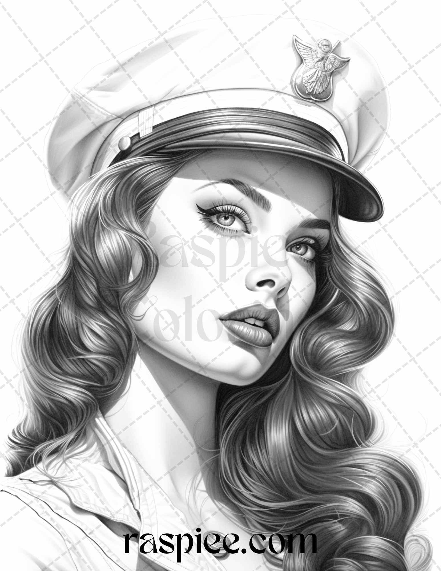 grayscale coloring pages, printable for adults, sailor pin-up girls, instant download, nautical theme coloring page for adults, portrait coloring pages for adults