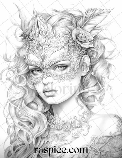 Masquerade girls grayscale coloring pages, printable coloring book, DIY art, adult coloring, fantasy grayscale art, portrait coloring pages for adults
